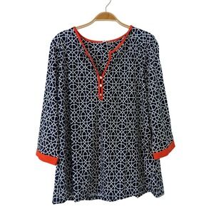 NY Collection Women's 1X Blue‎ White Geometric Print 3/4 Sleeve Blouse Top NWT